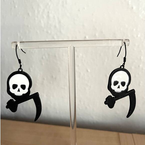 Skull Reaper Black Earrings Womens Halloween Skeleton Punk Rock Gothic Jewelry - Picture 1 of 6